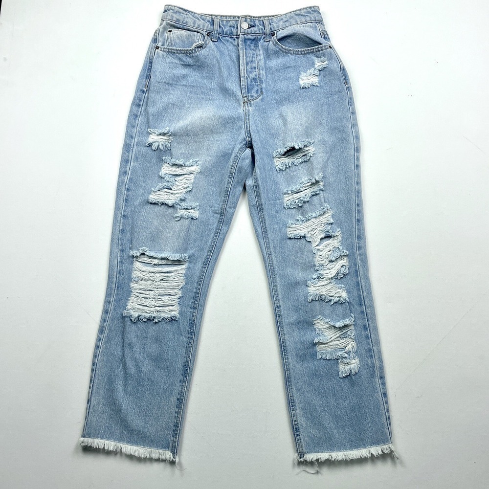 Vanilla Star Women's 7 Juniors Jeans Blue High Rise Distressed Button Fly Frayed